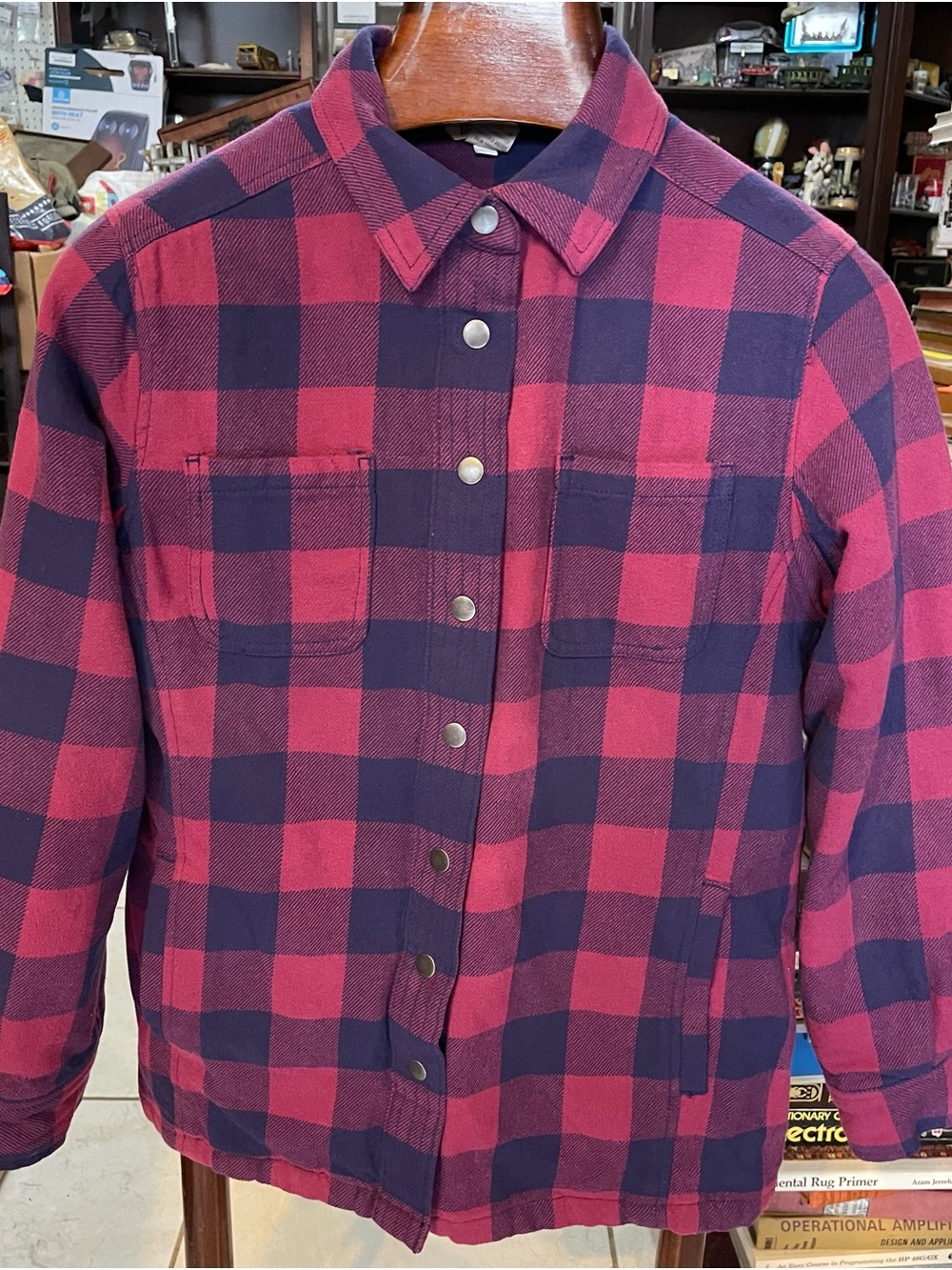 Duluth Trading Co Red and Navy Plaid Button-Front Shirt Jacket